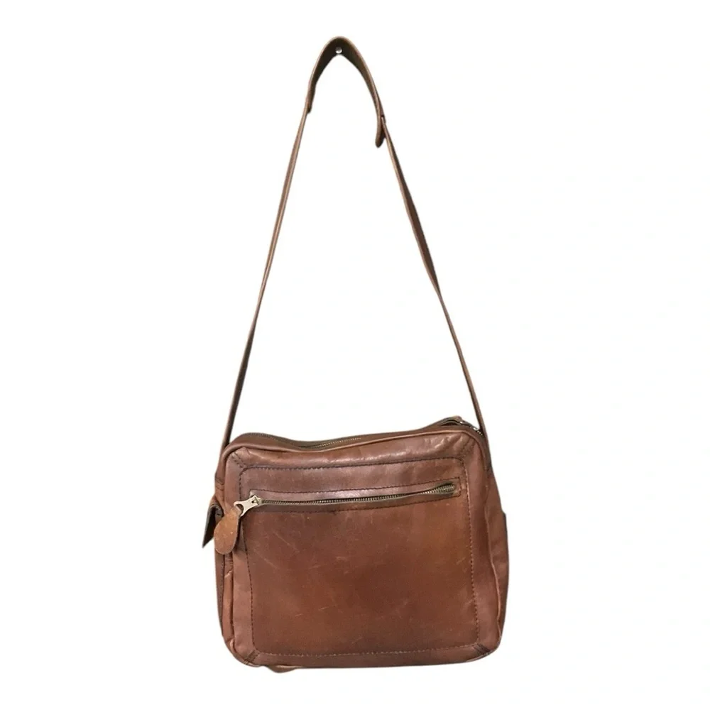 👜 Vintage Brown Leather‎ Crossbody Bag 🧳 Distressed Satchel Messenger Bag